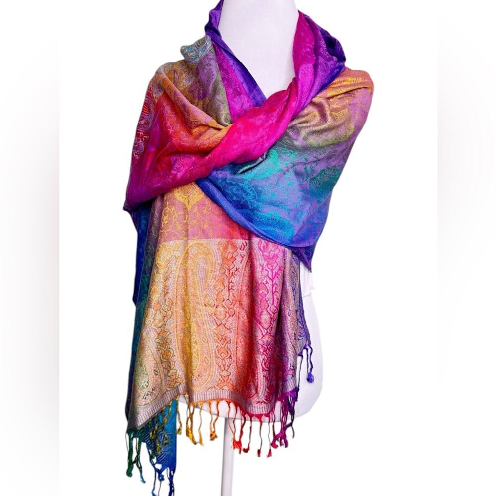 Pashima Vibrant Multicolor Fringe Scarf Long 100% Pashima